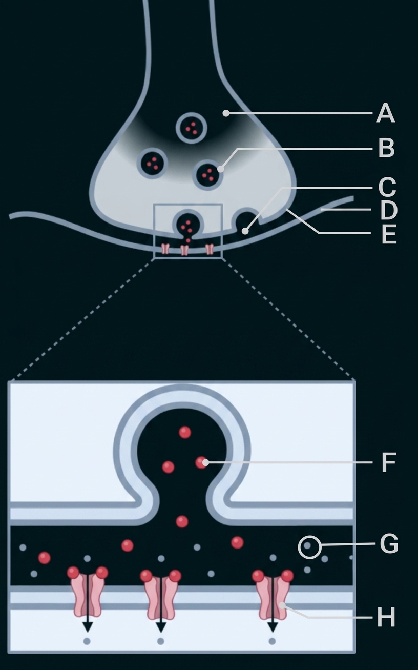 Schematische Darstellung einer chemischen Synapse mit Vesikeln, synaptischem Spalt und postsynaptischen Rezeptoren.